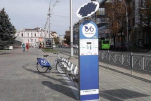 Station of the bicycle rental provider Nextbike in Kharkiv, Ukraine.