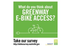 Poster calling for participation in a survey on ebike use on Nashville's greenways.