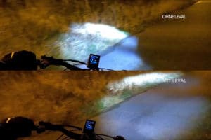 Comparison between headlights with and without Leval curve light assist from Busch + Müller for ebikes