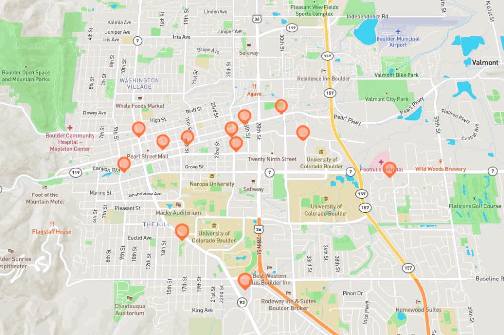 Map with overview of places to go during the Winter Bike to Work Day in Boulder