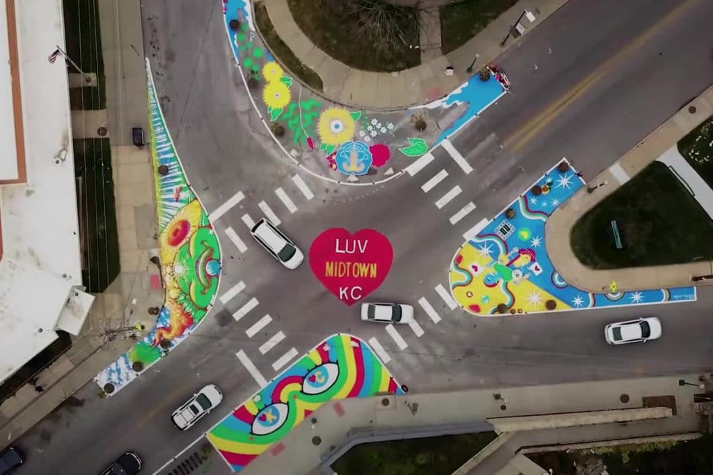 Intersection transformed with painting on the asphalt in Kansas City, Missouri