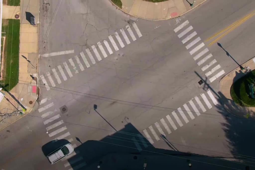 Original condition of an intersection in Kansas City, Missouri, later remodelled with painting on the asphalt