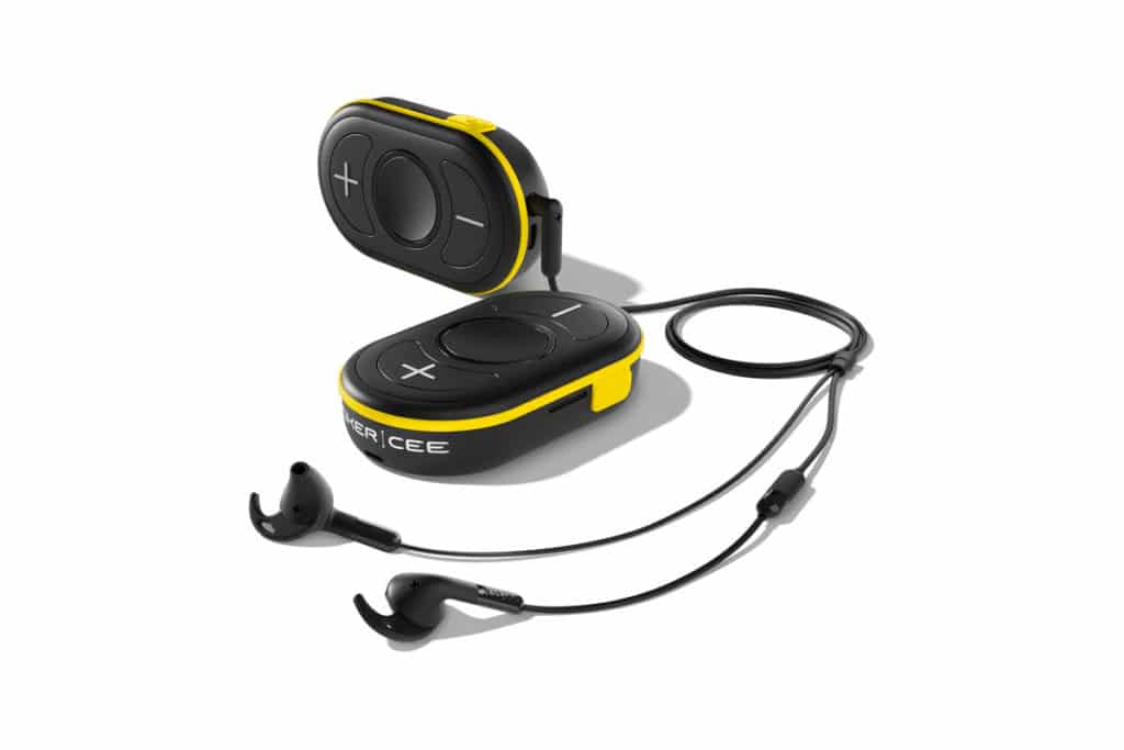 Peiker Ceecoach Plus communication system in the yellow-black colour variant.