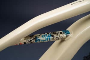 Graphic design element on a frame tube of the Serial 1 Bash/Mtn ebike