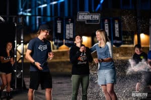 Laura Zeitschel congratulates Pinkbike Academy winner Flo Espiñeira