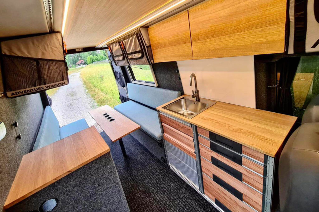 Interior view of a van converted for camping