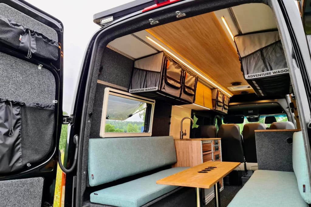 Interior view of a van converted for camping