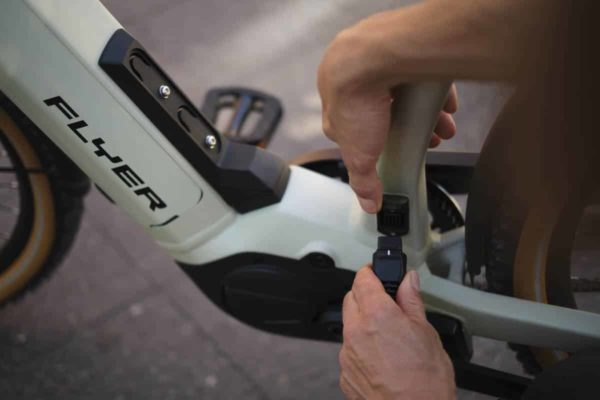 Charging socket mounted on the seat tube of the Flyer Upstreet ebike for the 2023 season