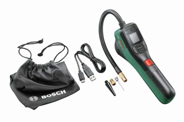 Components of the Bosch Easypump battery-powered air pump set