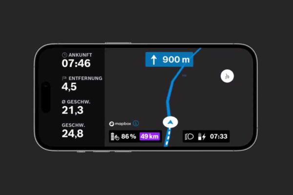 Display of the navigation as a dark map with the update 1.12 for the eBike Flop App of the Bosch Smart System