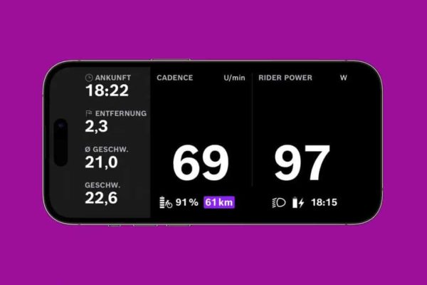 Display of the cadence and the rider's own power in the ride screen with the update 1.12 for the eBike Flop App of the Bosch Smart System