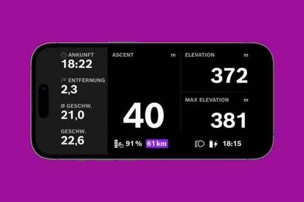 Display of altitude differences in the ride screen with the update 1.12 for the eBike Flop App of the Bosch Smart System