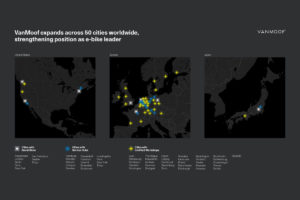 Overview of the global distribution of the previous brand stores and certified workshops of the ebike manufacturer Vanmoof.