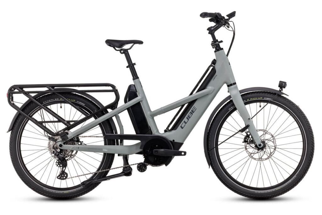 Cube Longtail Sport Hybrid 725 e-cargo bike in the colour Swampgrey'n'Reflex