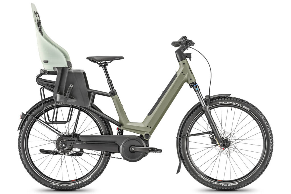 Moustache J ebike with child seat on the rear rack