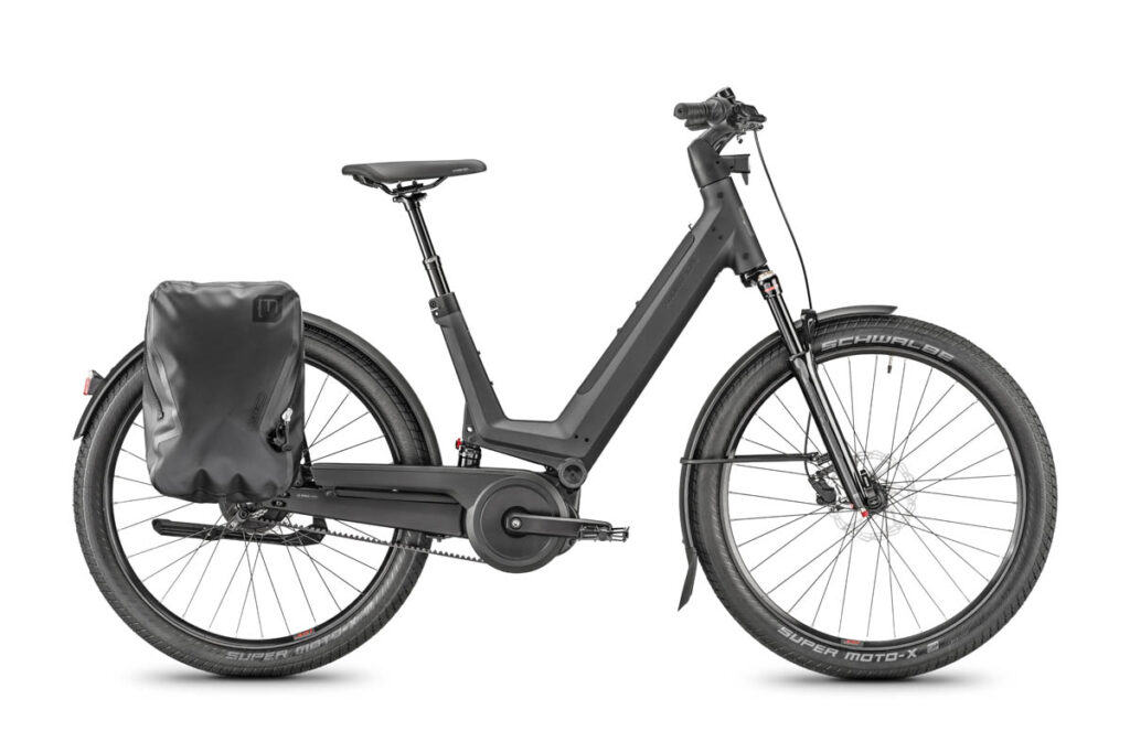 Moustache J ebike with side panniers on rear rack