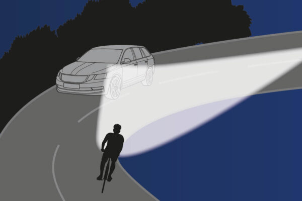 Illustration of the the digital bend lighting function of the Busch + Müller Briq-XL E front light for ebikes