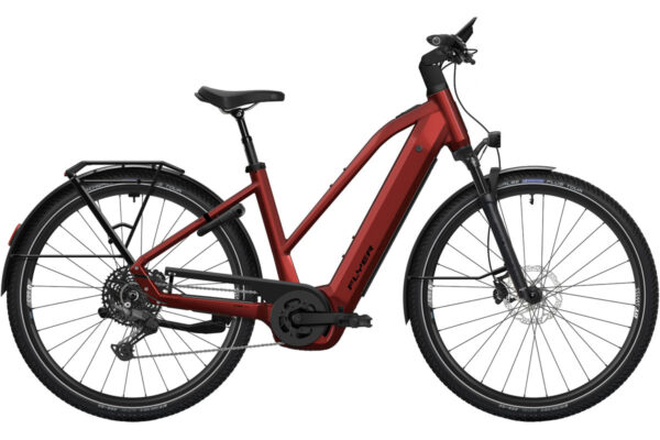 Flyer Gotour ebike in Jaspis Red Gloss featuring a mid-step frame