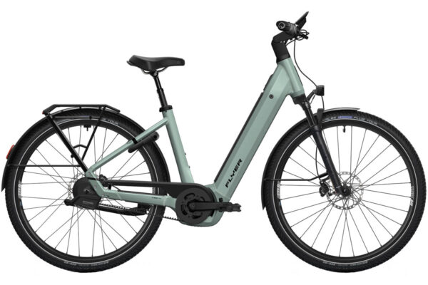 Flyer Gotour ebike in Green Shading Gloss featuring a step-through frame